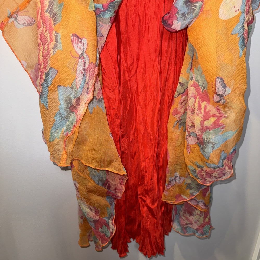 JOHNNY WAS 100% Silk Maxi Dress Sz S Orange Floral Tiered Lined Boho Ribbon Slip - Picture 11 of 16